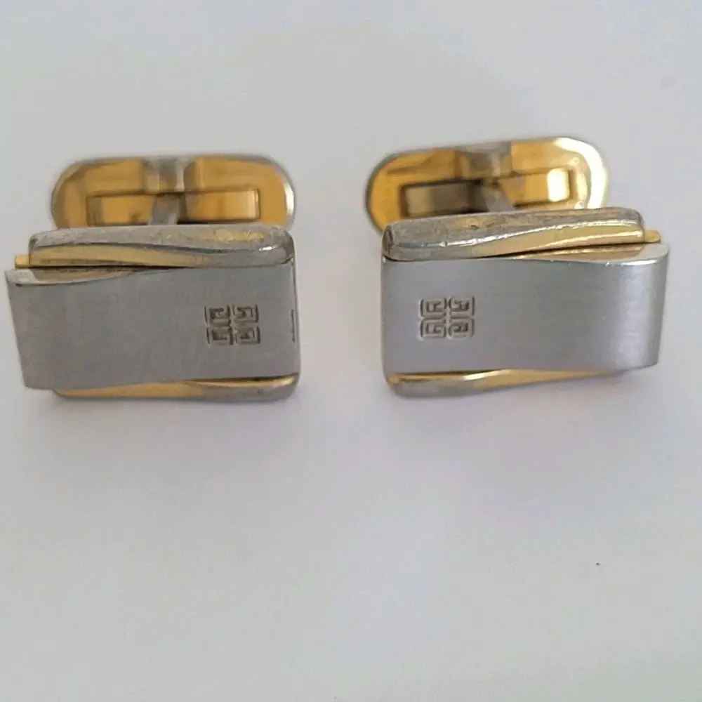 Givenchy Cufflinks Set Rectangle Gold Silver Tone Logo Vintage Designer Fair